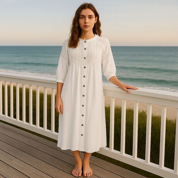 NEW POL Small White Crinkled Cotton Midi / Maxi Dress Sheer Embroidered BOHO - Picture 1 of 16